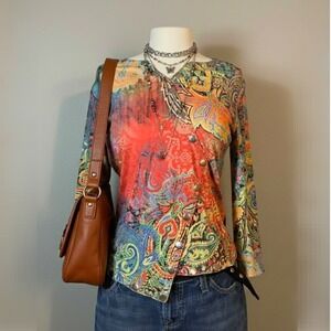 y2k Medium Vintage Funky Boho Paisley Quarter Sleeve Blouse